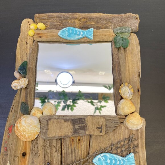 Wall Hanging Driftwood Nautical Mirror, Fish and Shells, Handmade Driftwood Mirr - Picture 3 of 10